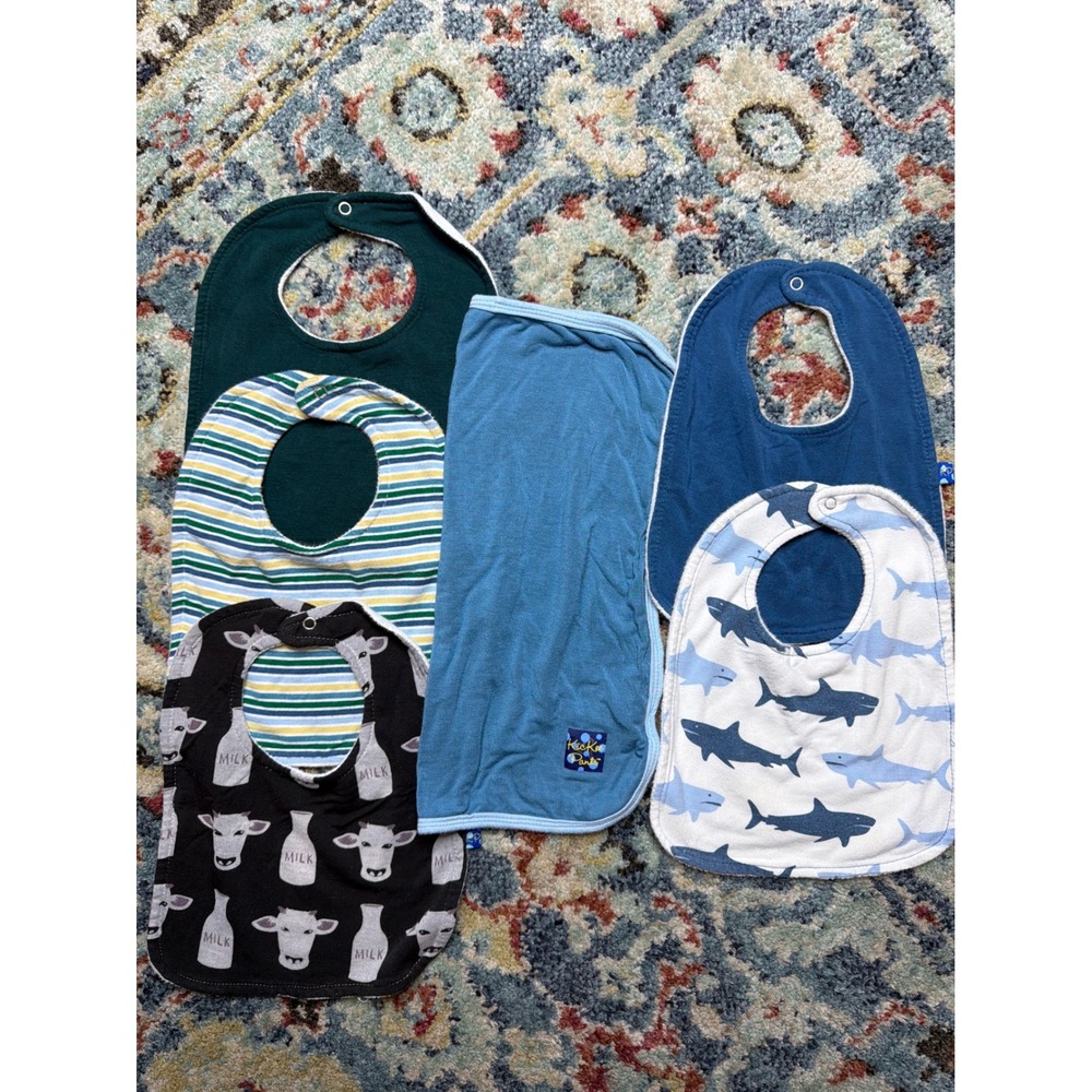 Kickee Pants Bibs and Lovey Bundle Baby Boys Blue Green Sharks Cows Bamboo Soft